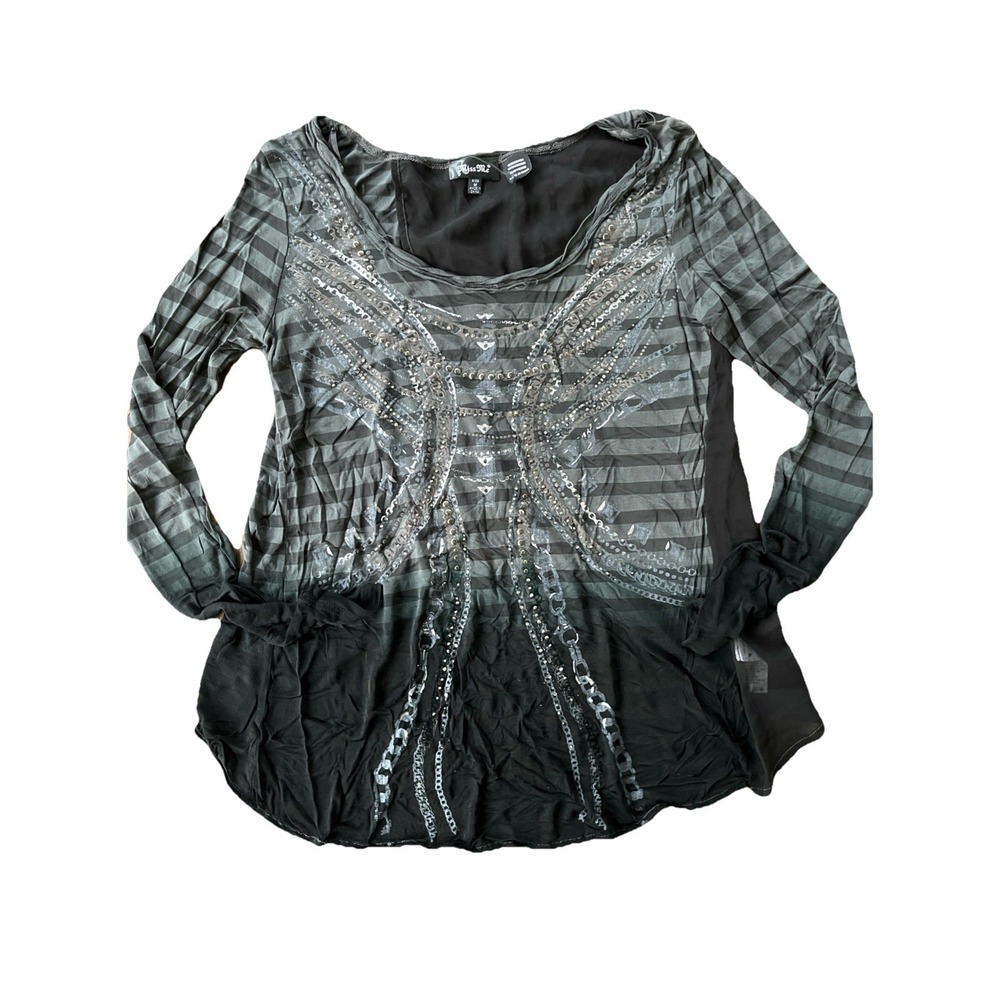 Miss Me Goth Black Bedazzled Top Women's Size M Cross Cross Open Lower Back